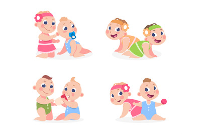 Cartoon babies. Funny newborn boy and girl sitting together, cute twin