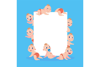 Cartoon babies banner. Newborn children with empty text frame&2C; happy t