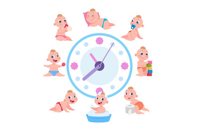 Cartoon baby routine. Kid daily cycle, child playing sleeping eating s