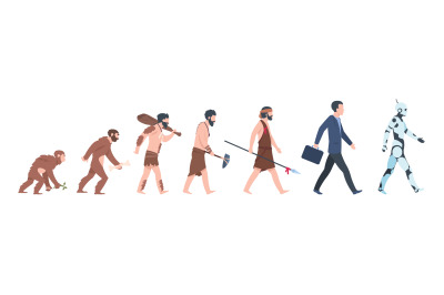 Human evolution. Monkey to businessman and cyborg cartoon concept, fro