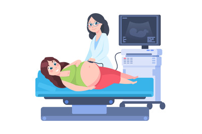 Pregnancy ultrasound scan. Woman at gynecology abdomen examination, ca