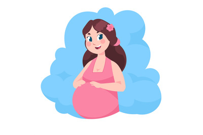 Cartoon pregnant woman. Young mom with baby flat illustration, happy m