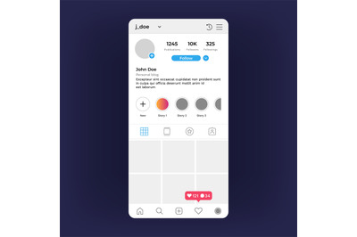Insta profile Interface. Social media personal screen&2C; mobile applicat