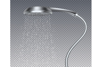 Bathroom metal head. Realistic water rain shower, isolated metal sprin