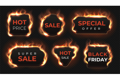 Realistic fire labels. Hot deal and sale offer text banners with shiny