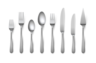 Realistic cutlery. Silverware fork knife spoon isolated on white backg