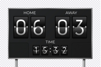 Black retro scoreboard. Stadium soccer countdown clock, goal sport res