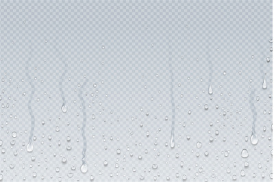 Water drops background. Shower steam condensation drips on transparent