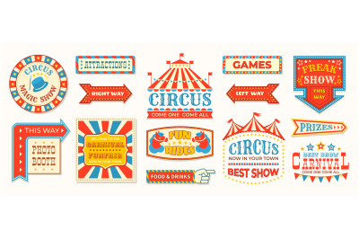 Circus labels. Carnival retro banner signs&2C; vintage magic frames and a