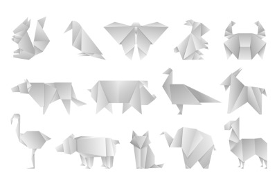 White origami animals. Geometric folded paper shapes&2C; abstract bird dr