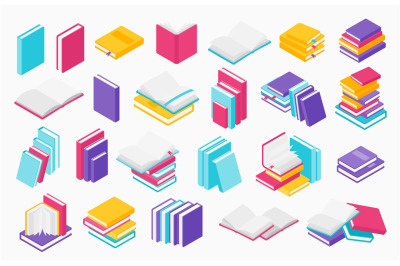 Flat books icons. Stack of open and close books, magazines textbooks a