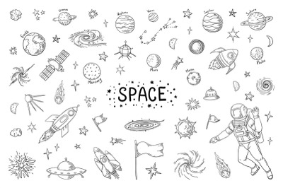 Doodle space. Trendy universe pattern, star astronaut meteor rocket co