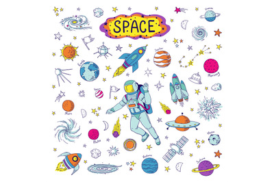 Doodle space. Cosmos trendy kids pattern, hand drawn rocket ufo univer