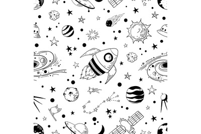 Seamless doodle space pattern. Trendy kids cosmos graphic elements&2C; as