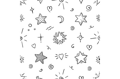 Doodle star seamless pattern. Magic party sketch elements, decorative