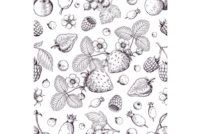 Hand drawn berries pattern. Vintage forest cherry strawberry blackberr