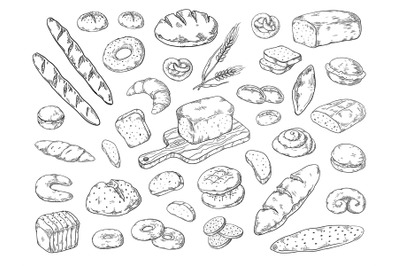 Hand drawn bakery. Doodle bread sketch, wheat flour types of bread, vi