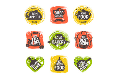 Food doodle logo. Restaurant kitchen badge, cafe cooking menu typograp