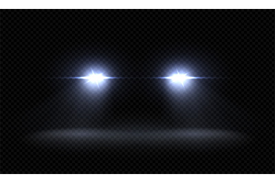 Realistic car headlights. Train front light beams, transparent bright