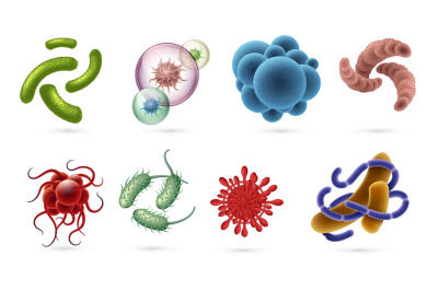 Realistic viruses. Germs and infection bacteria cells, microbiology ob