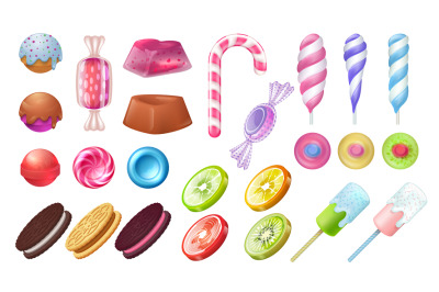 Lollipops and candies. Chocolate and toffee round sweets, caramel bonb