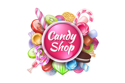 Candies background. Realistic sweets and desserts frame with text, col