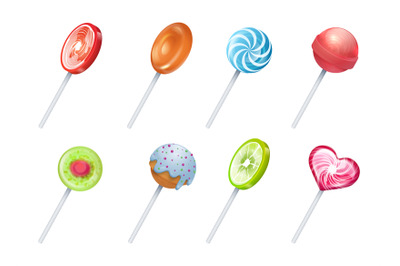 Lollipops. Sweet lolly candies, round and spiral confectionery, holida