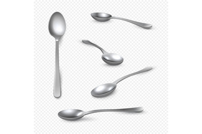 Realistic metal spoon. 3D silver teaspoon isolated on white, stainless