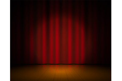 Realistic theater stage. Red curtains and spotlight, Broadway show bac