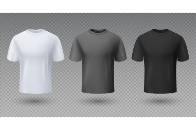 Realistic male shirt. White black and gray t-shirt 3D mockup&2C; blank is