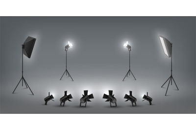 Realistic spotlight. Studio light effects, floodlights and softbox, ph