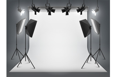 Photography studio. Photo backdrop and spotlight, realistic floodlight