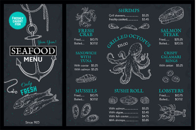 Seafood sketch menu. Doodle fish restaurant brochure, vintage cover wi