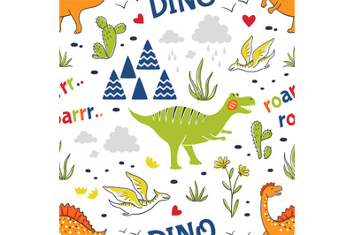 Doodle dinosaur pattern. Seamless fabric print, trendy hand drawn text