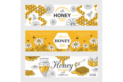 Honey labels. Honeycomb and bees vintage sketch background, hand drawn