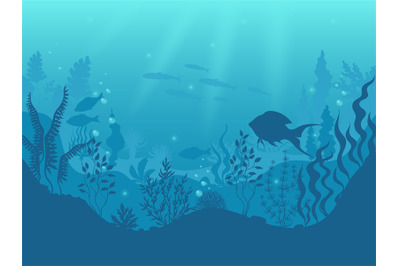 Underwater silhouette background. Undersea coral reef, ocean fish and