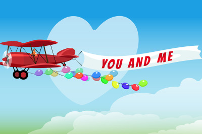 Airplane with poster You and Me and Festive Helium Balloons