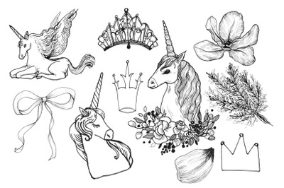 Unicorns and flowers set feminine