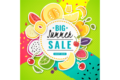 Banner fruit. Poster fresh food juice summer fruits offer sale discoun