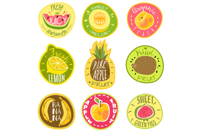 Fruit labels. Juice fresh organic fruit natural vegan food farm emblem