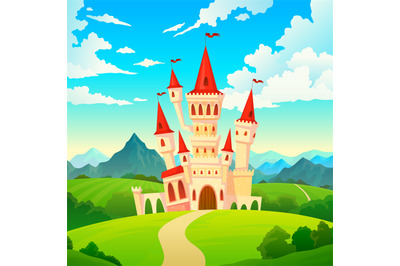 Castle landscape. Palace fairytale kingdom magical towers medieval man