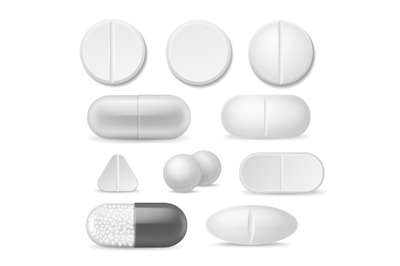 Realistic pills. White medicine tablets. Antibiotic aspirin painkiller