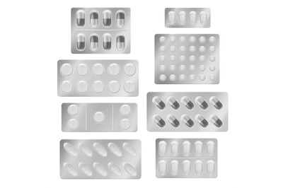 Realistic blister packs pills. Medical tablet capsules painkiller drug