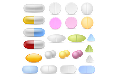 Realistic pills icons. Medicines tablets capsules drugs painkillers an