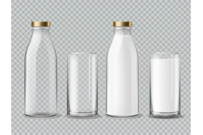 Milk bottle and glass. Empty and full milk realistic bottles glasses d