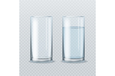 Realistic water glass. Empty and full of clean mineral healthy water r