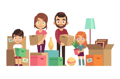 Family moving new home. Happy people packing unpacking boxes cardboard