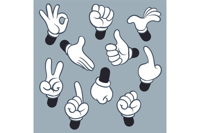 Cartoon arms. Various hands with different gesture, doodle gloved poin