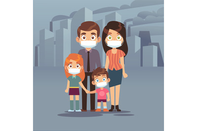 Family city smog. People protective face masks pollution air smog toxi