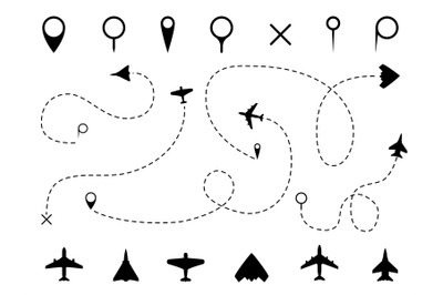 Airplane route. Plane trace line&2C; aeroplanes pathways flight lines&2C; pl